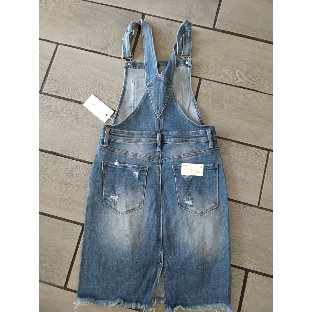 Risen Jeans Distressed Denim Overall Dress Medium Wash Frayed Hem RDS6026 M NWT - Picture 5 of 6